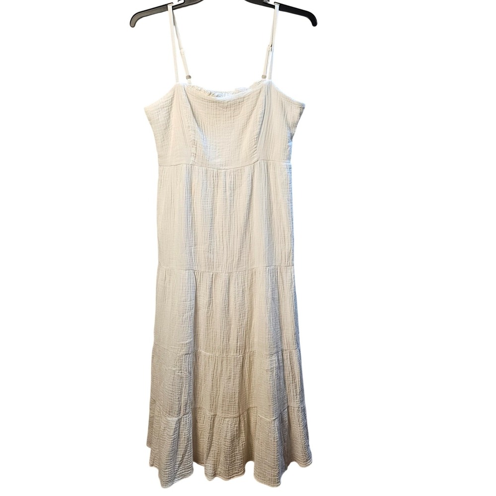Knox Rose White Cotton Gauze Tiered Midi Dress Smocked Back Adjustable Straps M - Picture 1 of 9